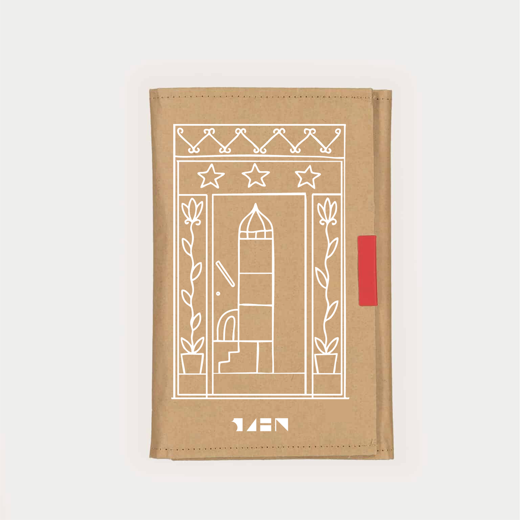 Kraft paper pouch with white design and red label on a light gray background